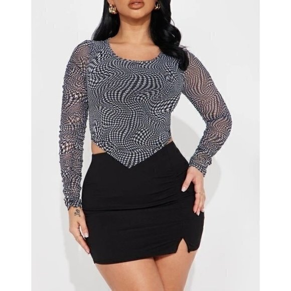 Crave Fame Asymmetrical Abstract Print Mesh Stretch Top Black size Large RefFNB - Picture 1 of 10